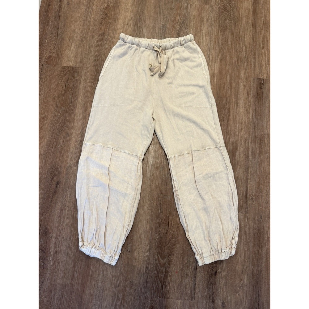 M Rena Women Beige Mixed Fabric Jogger Pants Made in USA Boho Lagenlook Linen